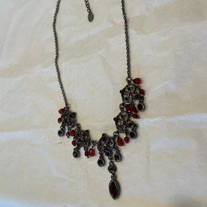 vintage garnet color glass beaded silver chandelier style necklace
